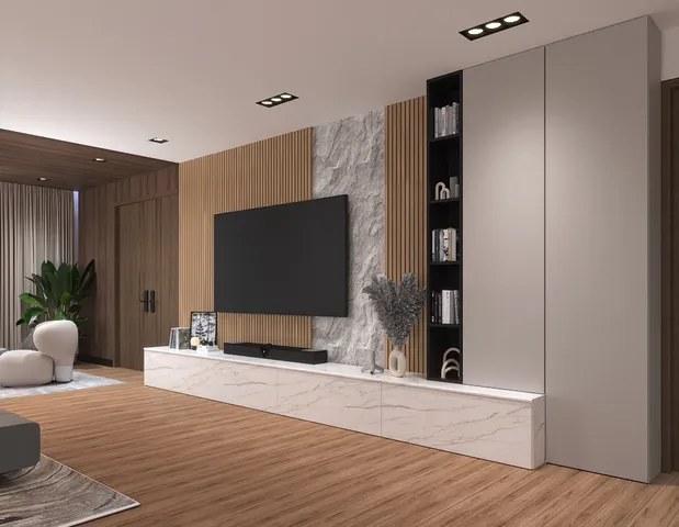 a bed room with furniture and potted plants