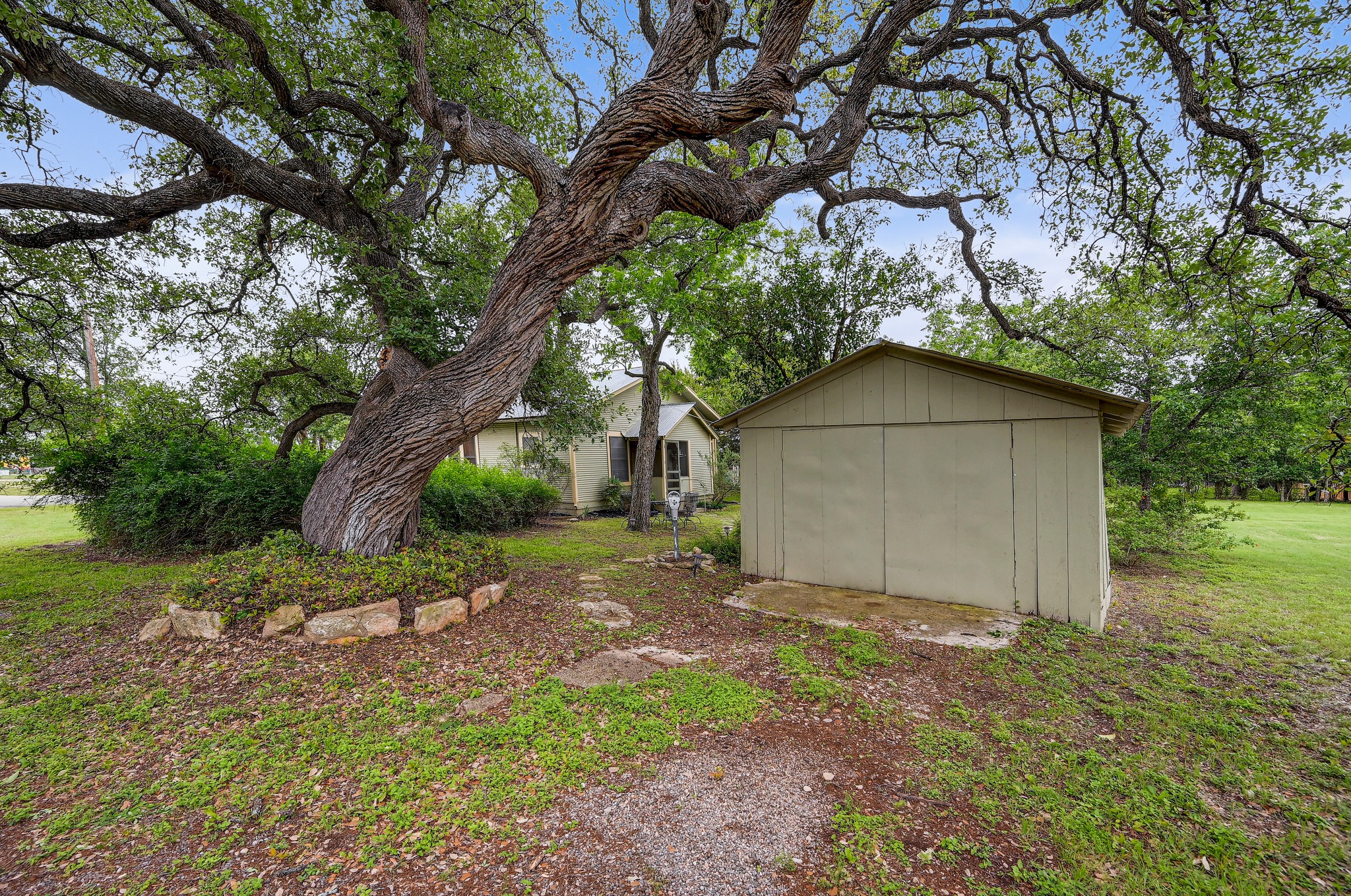 719 Elm Street Blanco, TX 78606 - Photo 24 of 25 Mature tree with a stone-edged planter, a gravel path, a detached utility building, and a partial view of the main dwelling