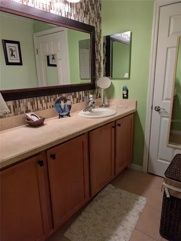a bathroom with a sink and a mirror