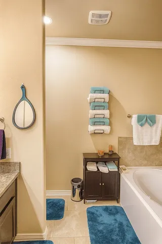 a bathroom with a tub sink and mirror
