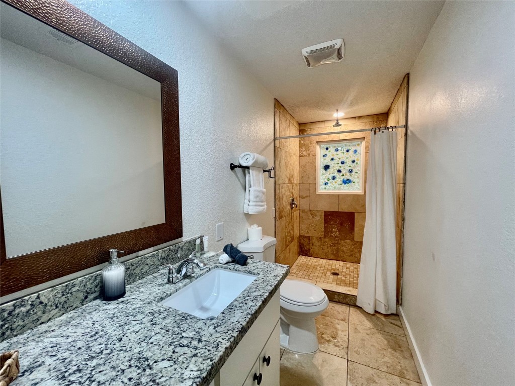 17357 West Beach Road Austin, TX 78734 - Photo 7 of 32 a bathroom with a granite countertop sink a toilet and shower