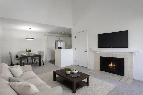 a living room with furniture a fireplace and a flat screen tv