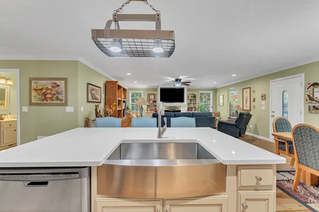 a kitchen with a counter space a sink appliances and cabinets