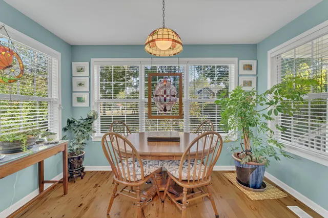 a view of a dining room with furniture window and outside view