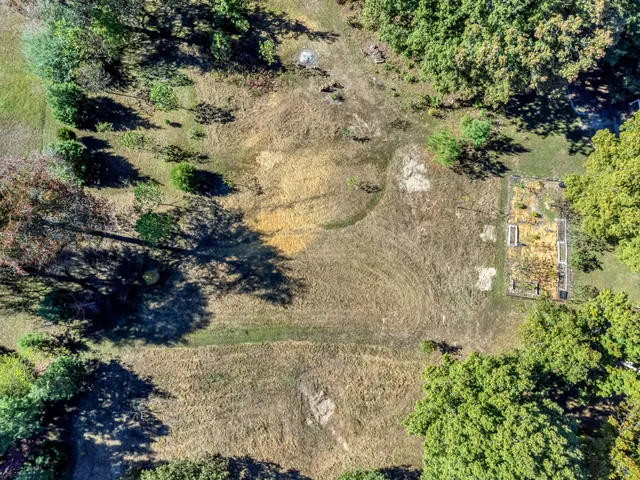 an aerial view of a house with a yard and large trees