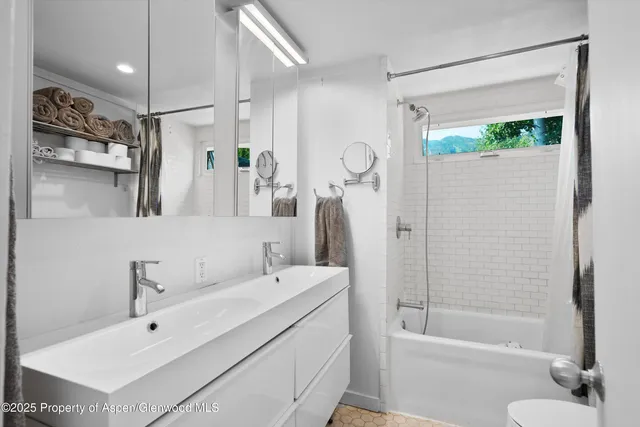 a bathroom with a bathtub shower sink vanity and toilet