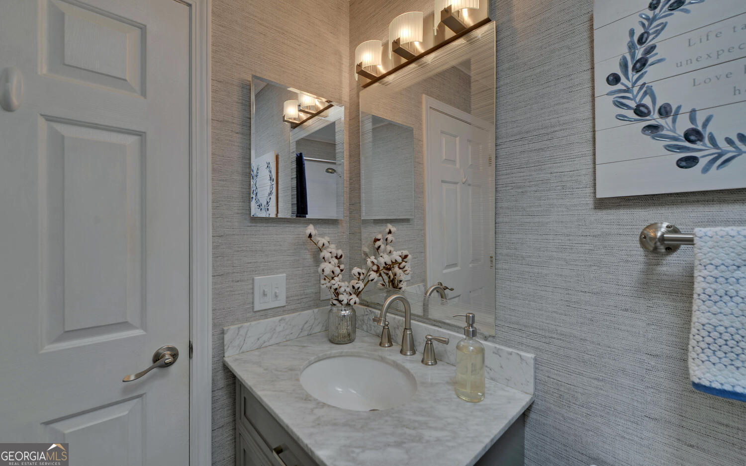 809 Glenn Ferry Road Fair Play, SC 29643 - Photo 45 of 78 a bathroom with a granite countertop sink a mirror and shower