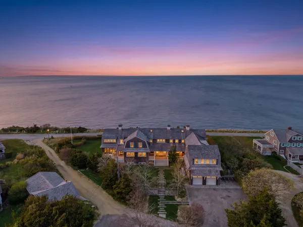 an aerial view of a house with a garden