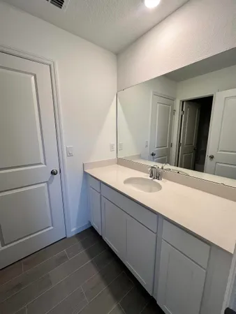 a bathroom with a double vanity sink and mirror
