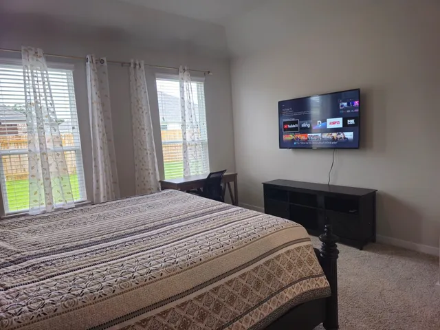 a bedroom with a bed and a flat screen tv