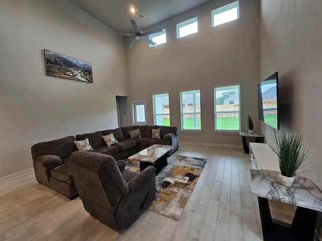 a living room with furniture potted plant and a flat screen tv