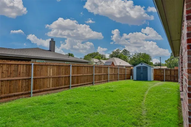 a view of a backyard with plants and large trees