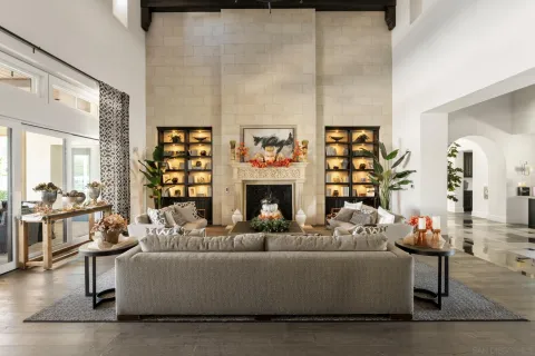 a living room with furniture and a fireplace