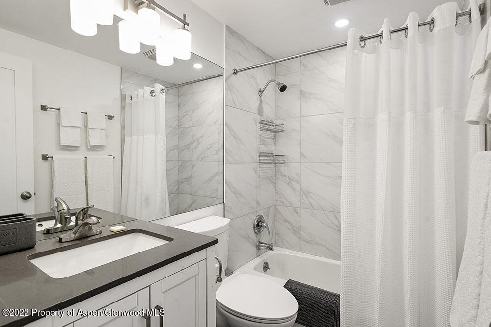 1050 Waters Avenue, Unit 14 Aspen, CO 81611 - Photo 9 of 19 a bathroom with a sink vanity granite toilet and shower