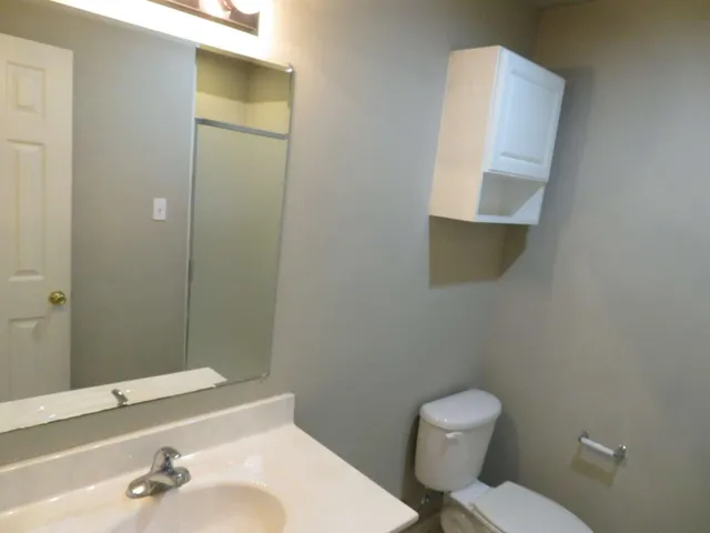 a bathroom with a toilet sink and mirror