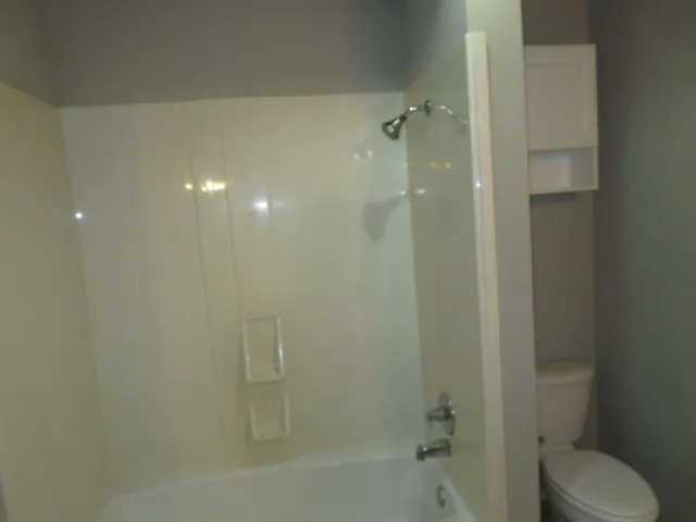 a bathroom with a shower and toilet