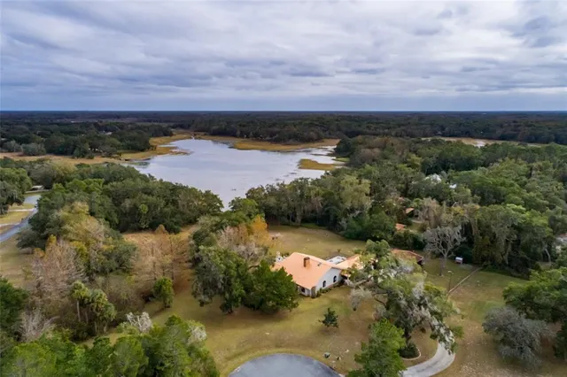 an aerial view of residential houses with outdoor space and trees
