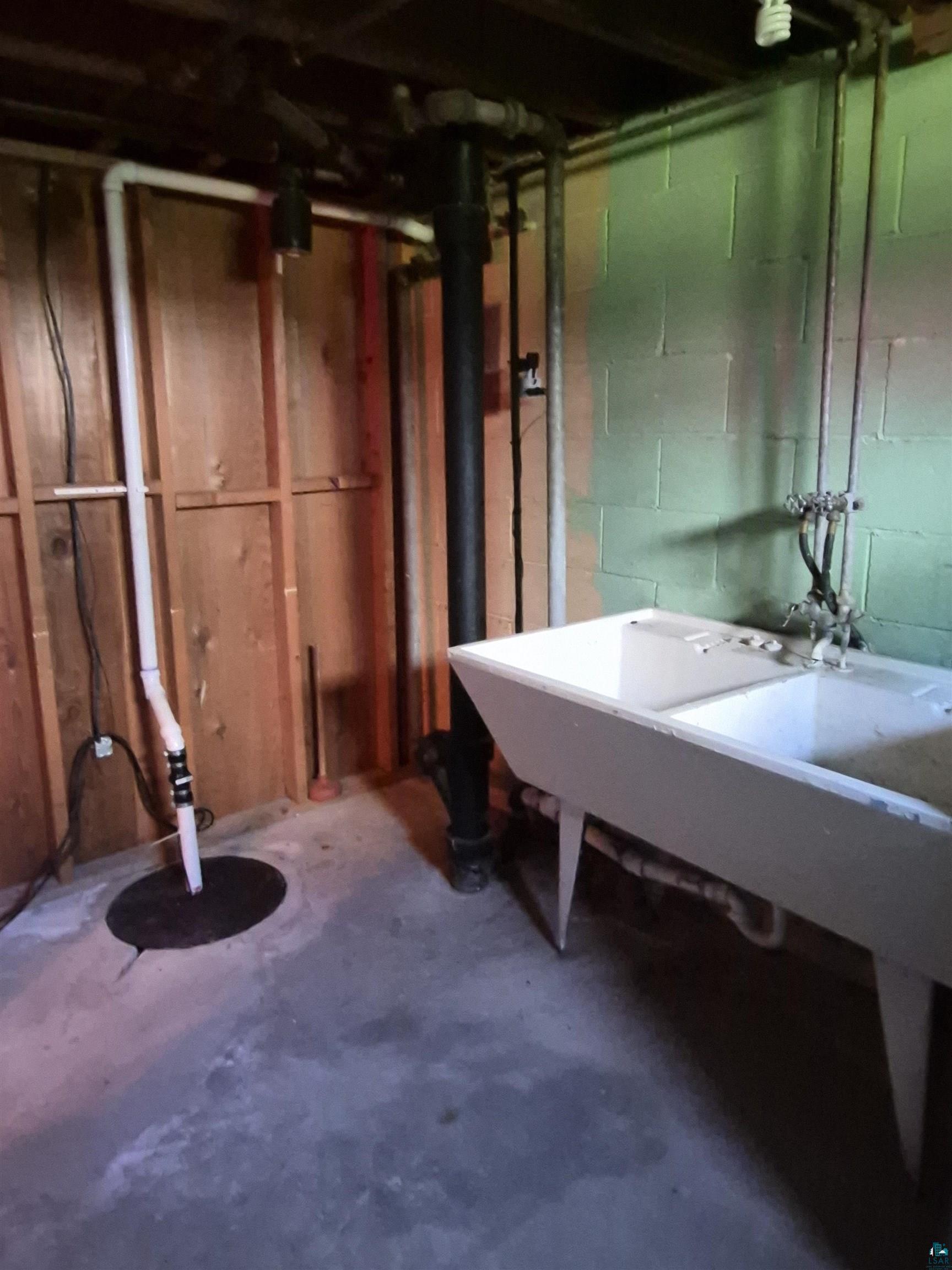 2109 West 22nd Street Duluth, MN 55811 - Photo 25 of 29 Utility sink with dual basins, exposed plumbing, unfinished wood paneling, painted concrete block wall, and concrete flooring. Sump pump.