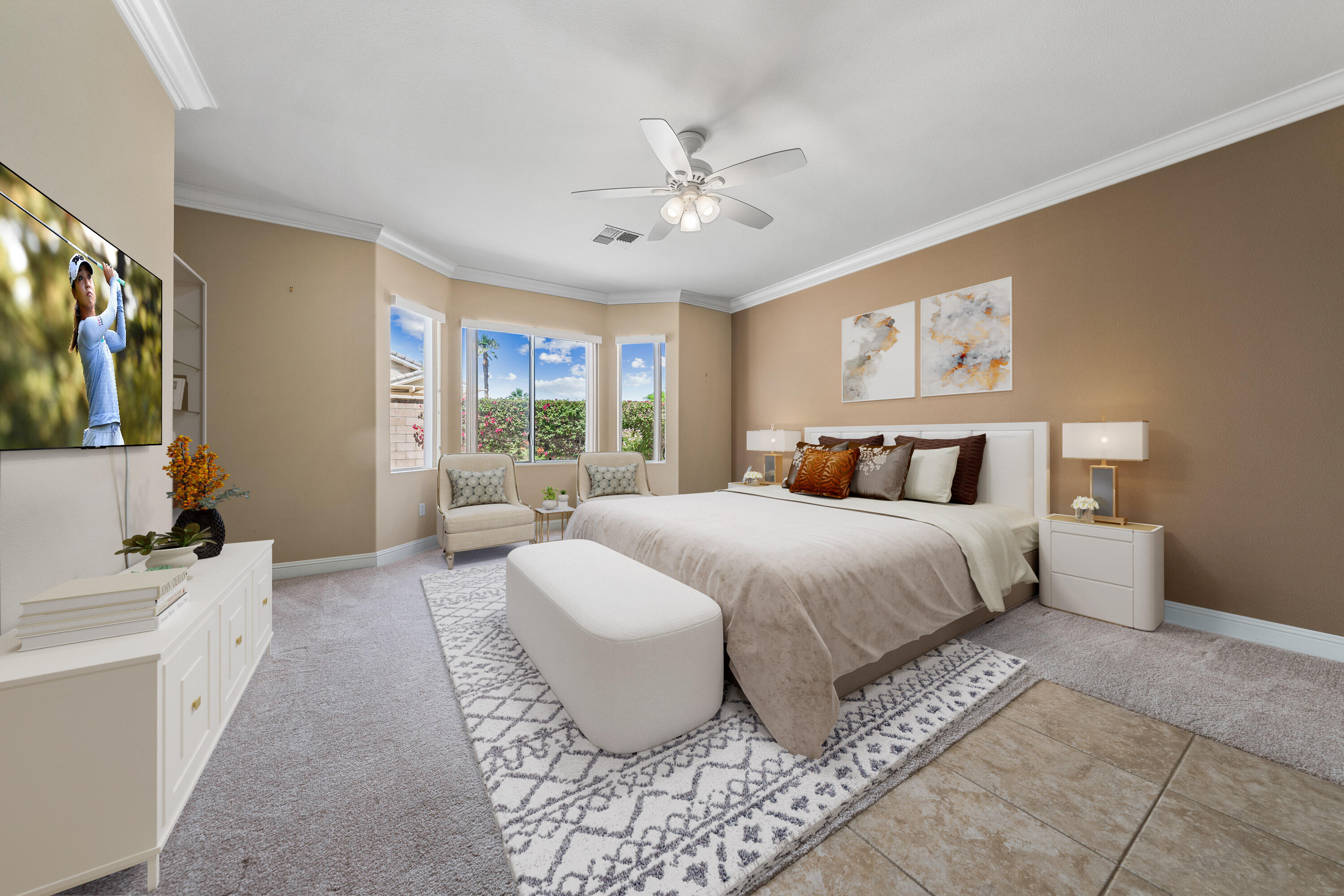 36403 Monarch Pass Palm Desert, CA 92211 - Photo 20 of 32 a bedroom with a large bed and a flat tv screen on dresser