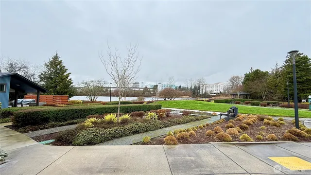 a view of a garden with a slide