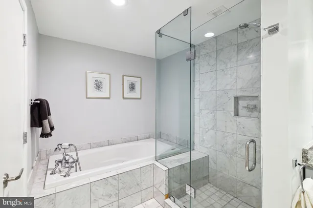 a bathroom with a bathtub and a shower