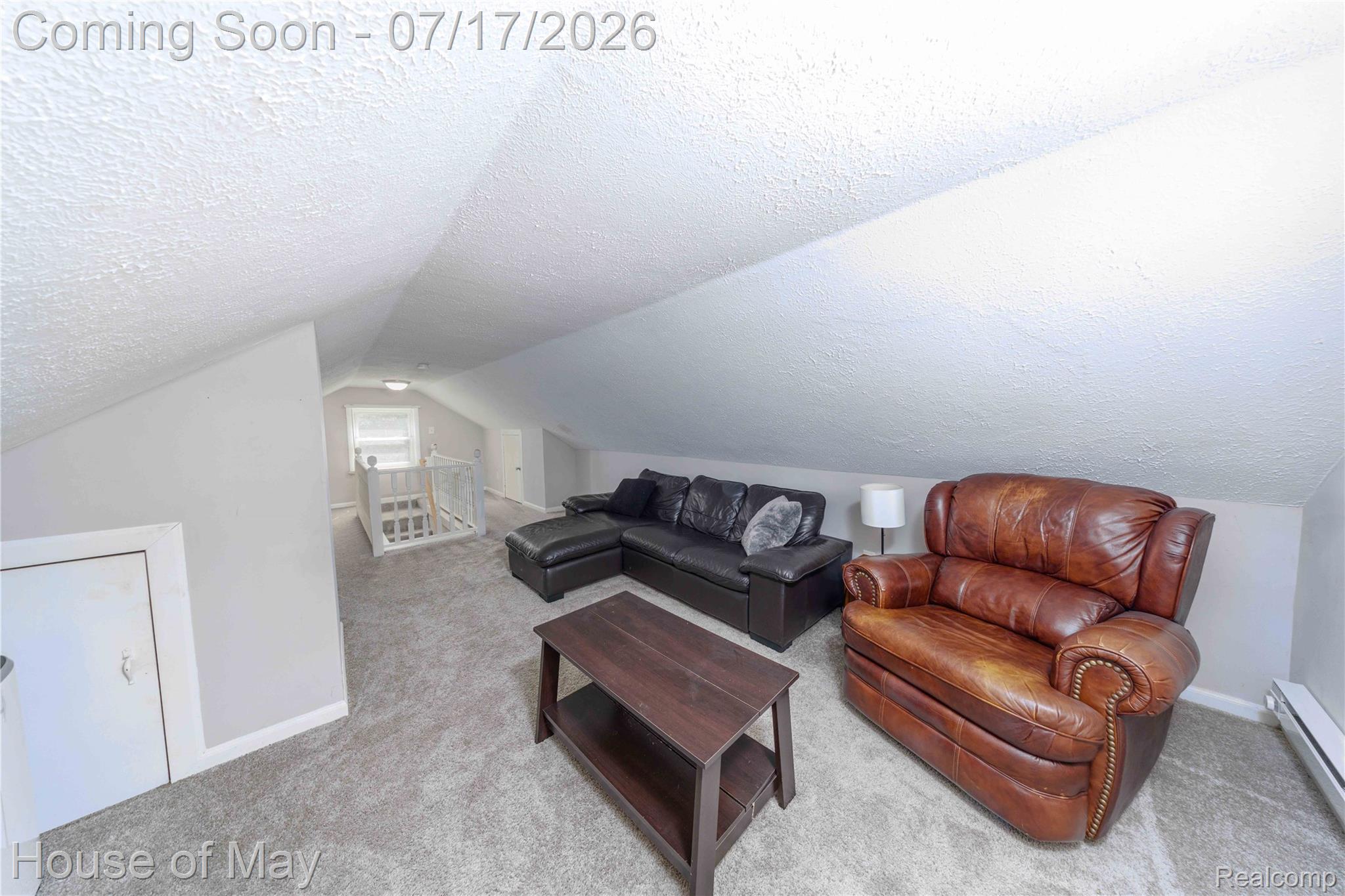 45247 Bemis Road Belleville, MI 48111 - Photo 13 of 28 Carpeted loft area featuring sloped ceilings, a built-in storage door, and a white window with trim
