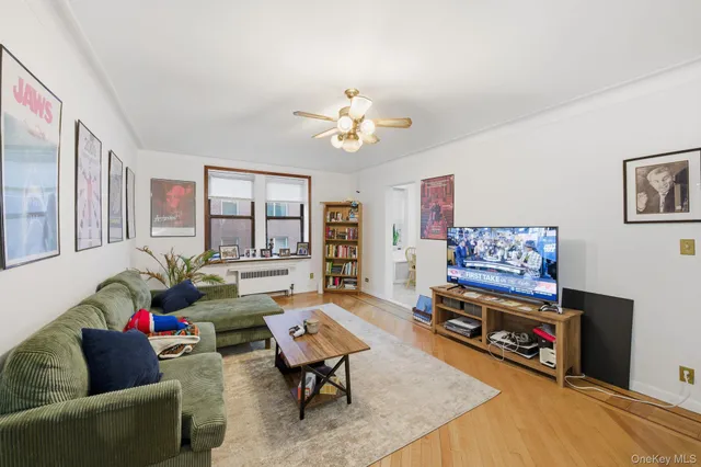 a living room with furniture a rug and a window