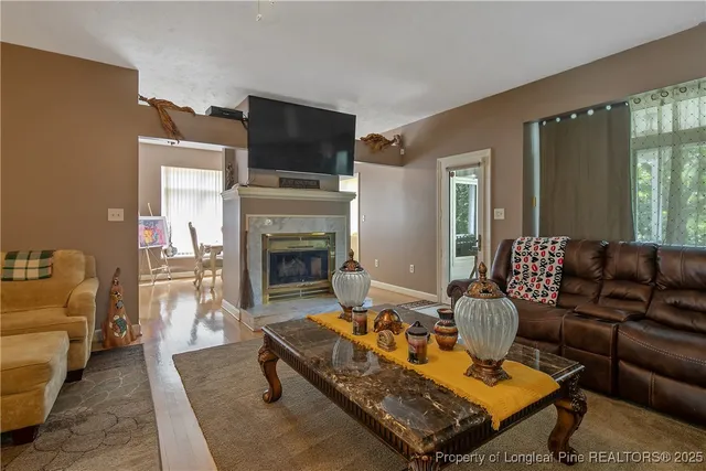 a living room with furniture and a fireplace
