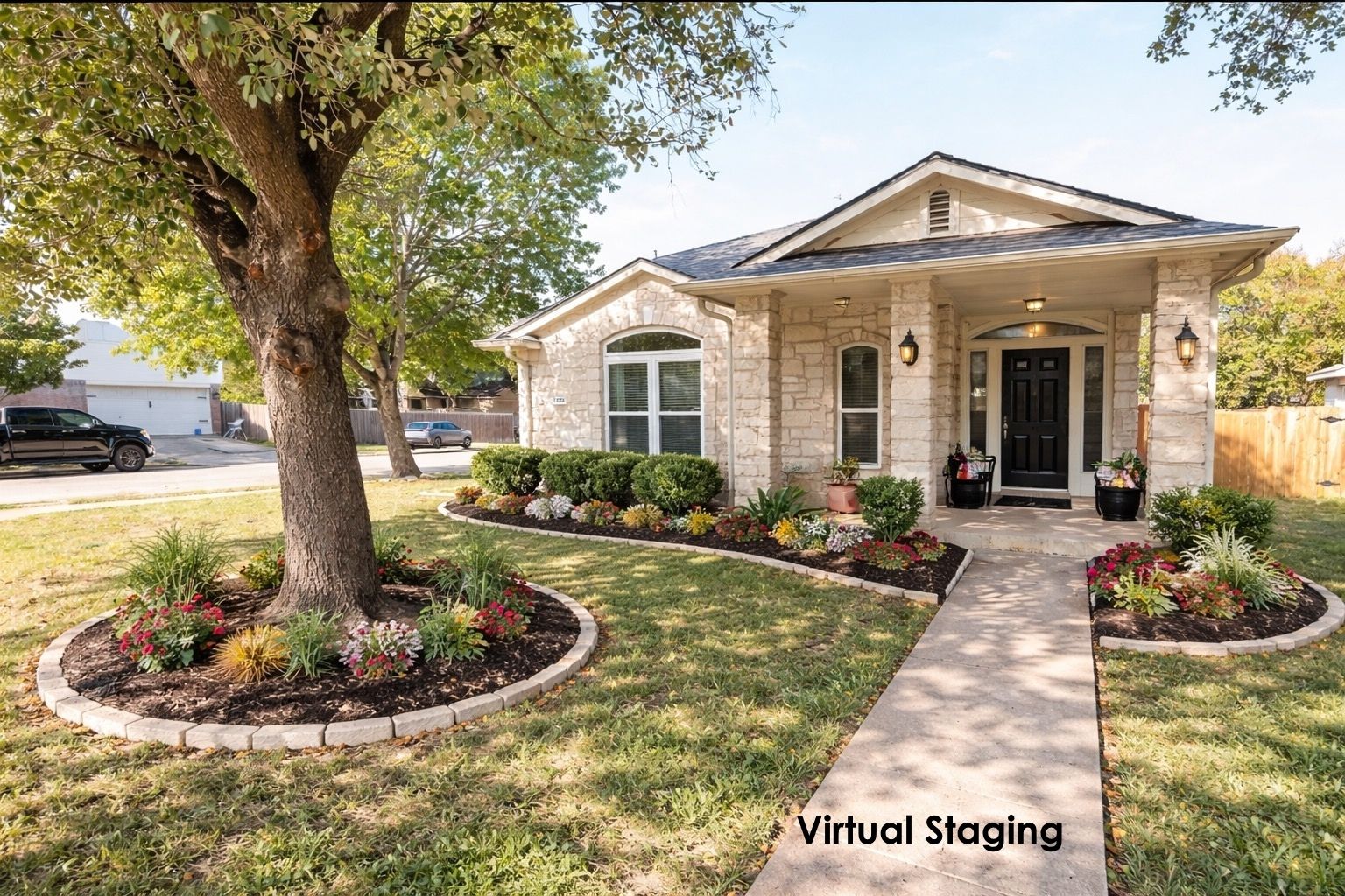 Virtual Staging - View of front of property with a porch and stone siding
