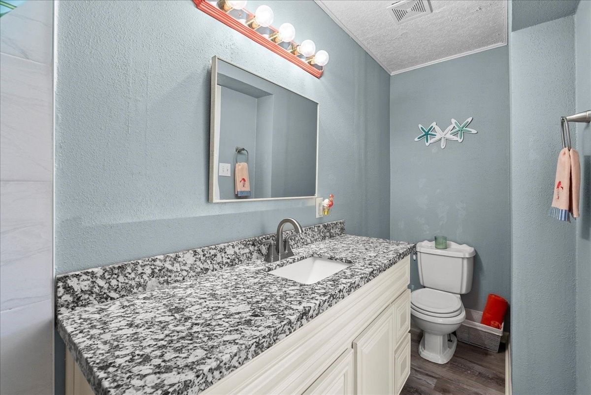 324 Shark Lane Surfside Beach, TX 77541 - Photo 26 of 49 This bathroom features a sleek granite countertop with a modern sink, stylish light fixtures, and a soothing blue wall color. It includes a convenient toilet area, decorative wall accents, and wood-look flooring for a contemporary feel.