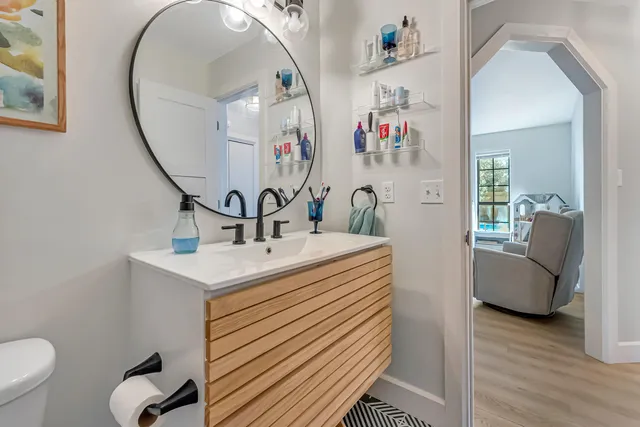 a view of a swimming pool with a sitting area