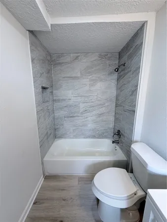 a bathroom with a toilet and a bath tub