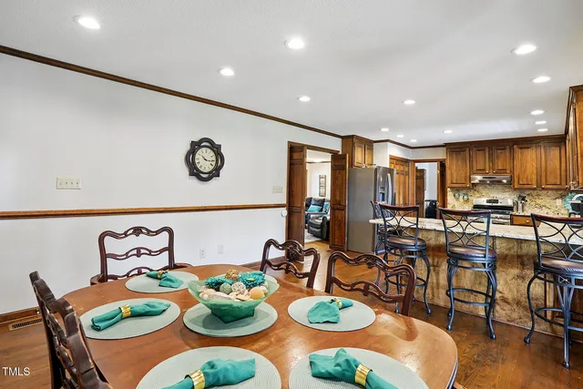 a view of a dining room with furniture