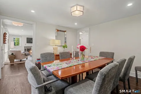 a view of a dining room with furniture and wooden floor