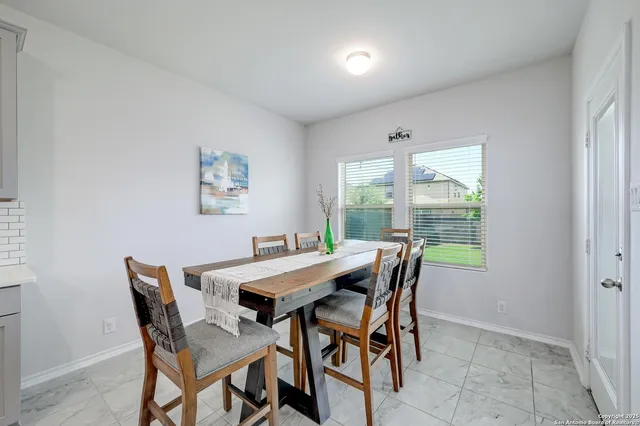 a view of a dining room with furniture window and outside view