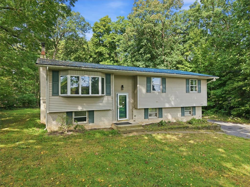 Mature trees frame a classic split-level exterior featuring a bay window and metal roof.