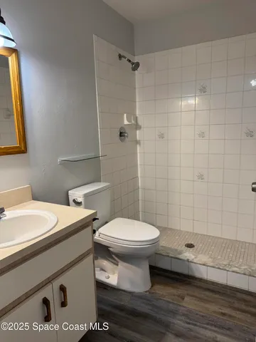 a bathroom with a sink toilet and shower