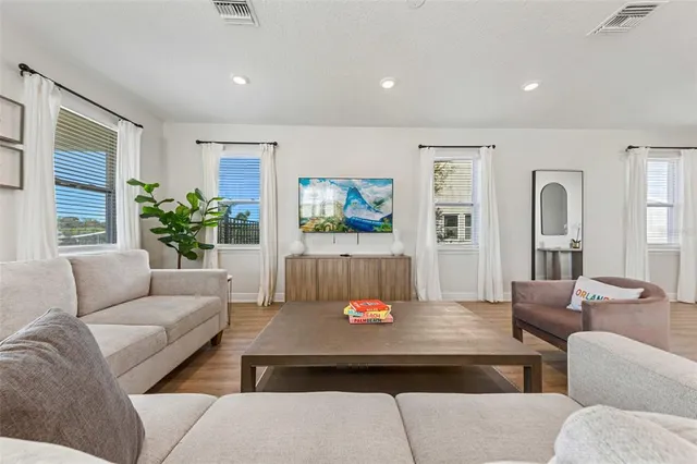 a living room with furniture potted plant and a wooden floor