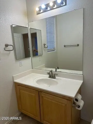 a bathroom with a sink and a mirror