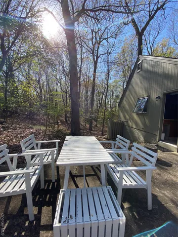 an outdoor space with seating