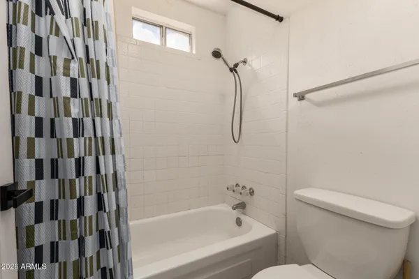 a bathroom with a shower and a toilet