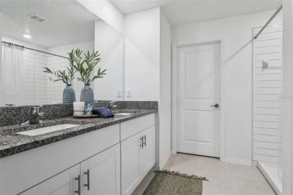 a bathroom with a granite countertop sink a mirror and a potted plant