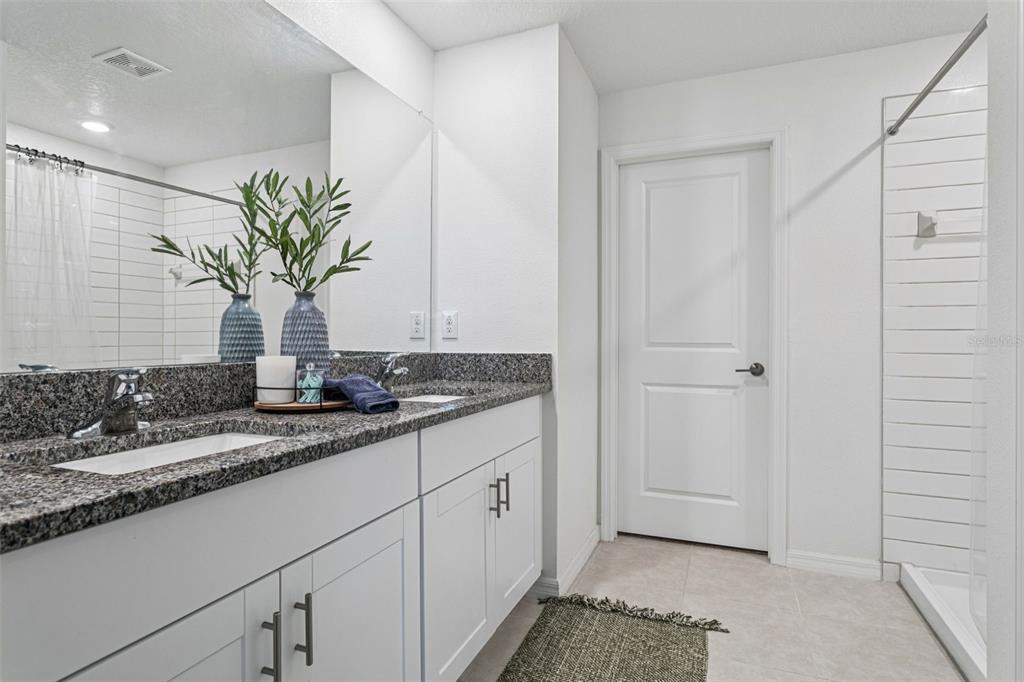 11693 Lavender Loop Spring Hill Spring Hill, FL 34609 - Photo 22 of 34 a bathroom with a granite countertop sink a mirror and a potted plant