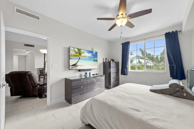 a bedroom with a bed and a television