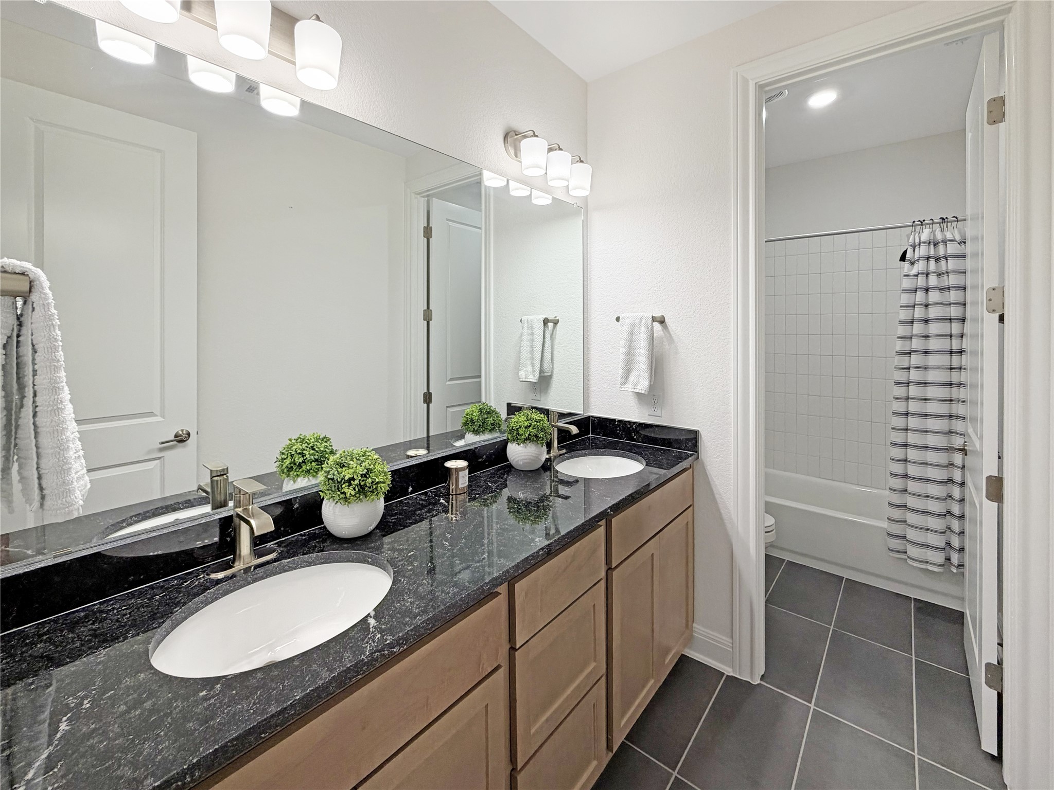 693 Jackson River Loop Kyle, TX 78640 - Photo 33 of 40 a bathroom with a granite countertop sink a mirror and a shower