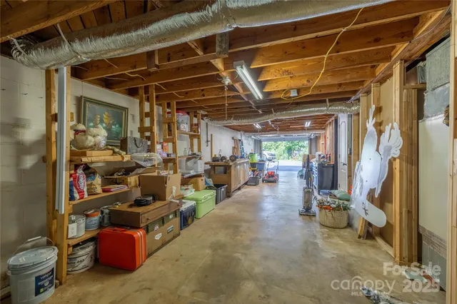 a view of a storage room with racks