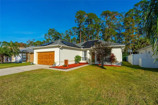 a view of a house with backyard and a tree