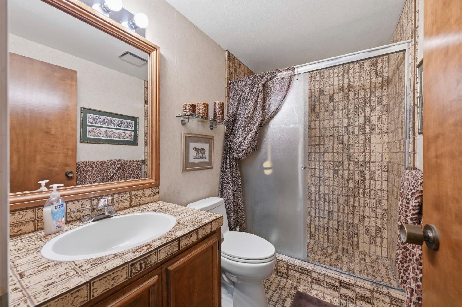 8860 Auburn Valley Road Auburn, CA 95602 - Photo 32 of 46 a bathroom with a granite countertop sink toilet and shower