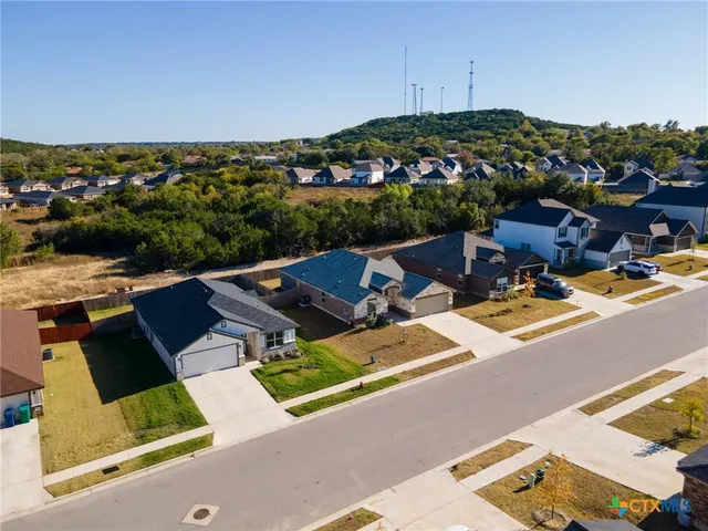 an aerial view of a patio