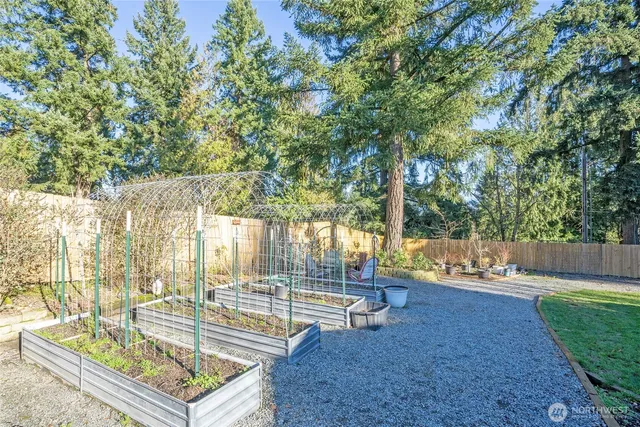 a garden view with a seating space